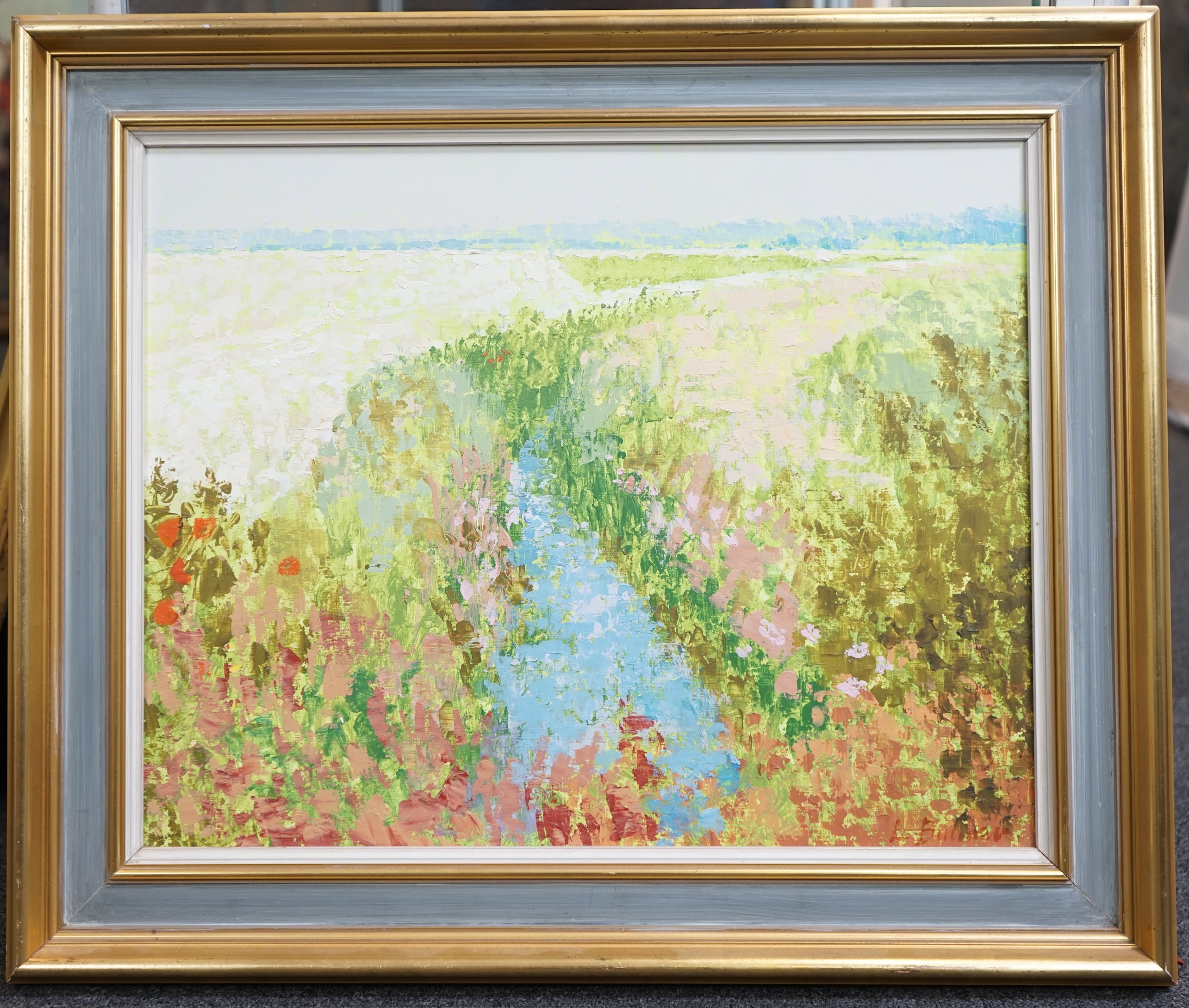 Lionel Bulmer (English, 1919-1991), oil on board, 'Water Meadows, Southwold', signed, with Jonleigh Gallery label verso, 39 x 49cm. Condition - good